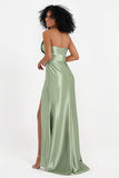 Straight Across Stretch Satin Sheath Formal Evening Dresses with Slit Long Prom Party Dress