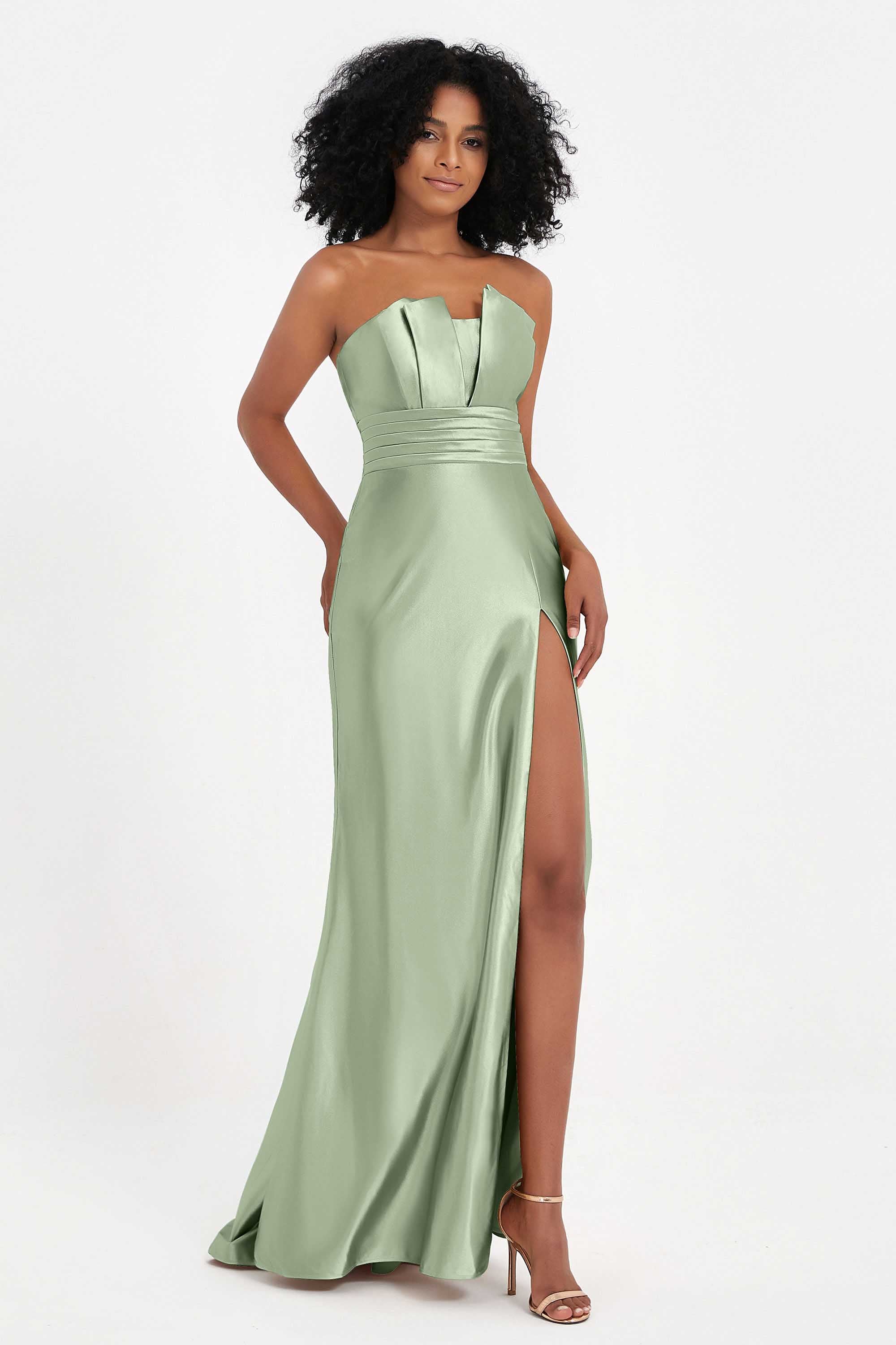 Straight Across Stretch Satin Sheath Formal Evening Dresses with Slit Long Prom Party Dress