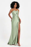 Straight Across Stretch Satin Sheath Formal Evening Dresses with Slit Long Prom Party Dress