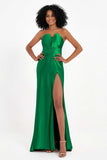 Straight Across Stretch Satin Sheath Formal Evening Dresses with Slit Long Prom Party Dress