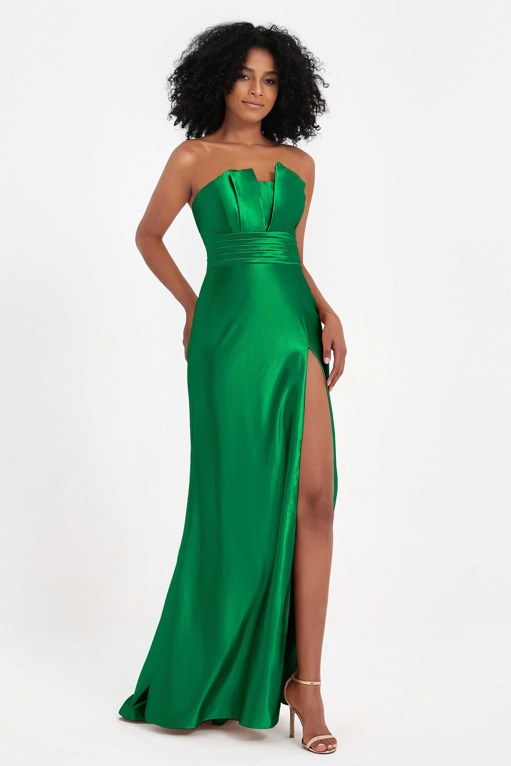 Straight Across Stretch Satin Sheath Formal Evening Dresses with Slit Long Prom Party Dress