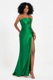 Straight Across Stretch Satin Sheath Formal Evening Dresses with Slit Long Prom Party Dress
