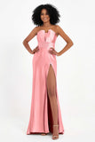 Straight Across Stretch Satin Sheath Formal Evening Dresses with Slit Long Prom Party Dress