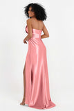 Straight Across Stretch Satin Sheath Formal Evening Dresses with Slit Long Prom Party Dress