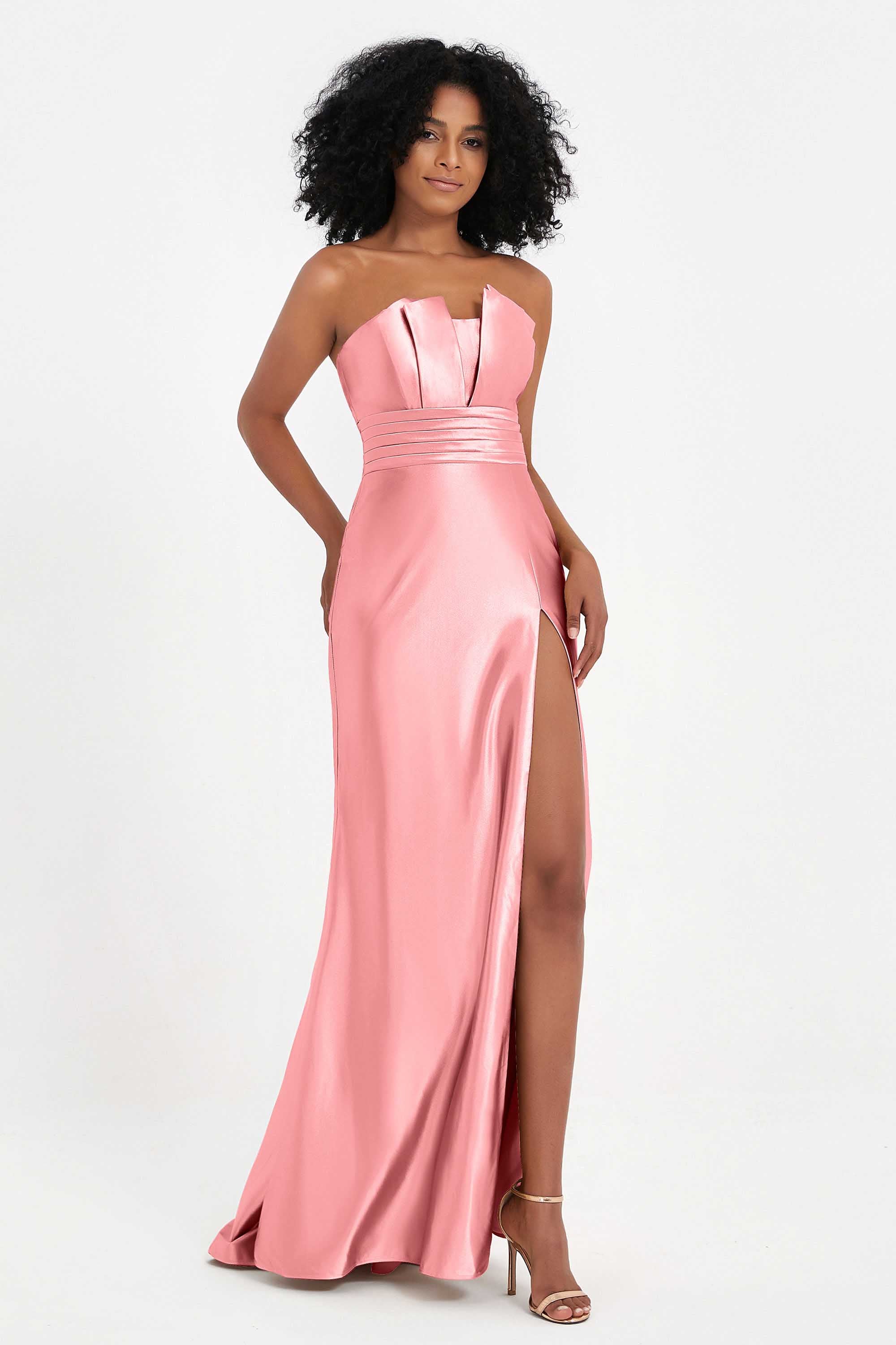 Straight Across Stretch Satin Sheath Formal Evening Dresses with Slit Long Prom Party Dress