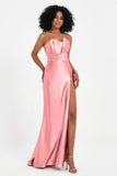 Straight Across Stretch Satin Sheath Formal Evening Dresses with Slit Long Prom Party Dress