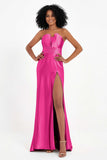 Straight Across Stretch Satin Sheath Formal Evening Dresses with Slit Long Prom Party Dress