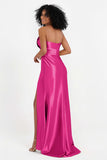 Straight Across Stretch Satin Sheath Formal Evening Dresses with Slit Long Prom Party Dress