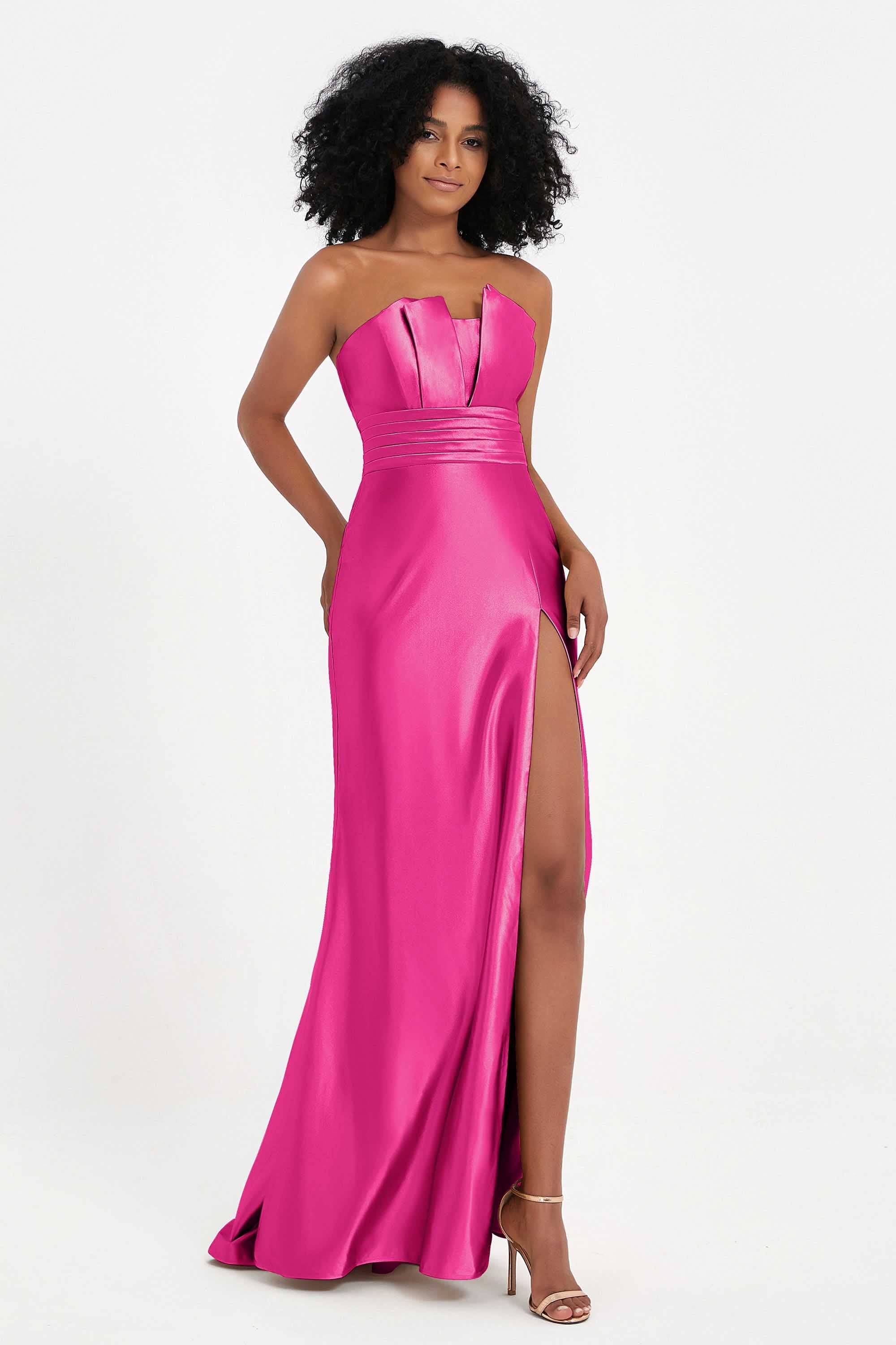 Straight Across Stretch Satin Sheath Formal Evening Dresses with Slit Long Prom Party Dress