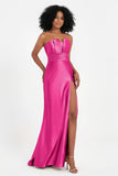 Straight Across Stretch Satin Sheath Formal Evening Dresses with Slit Long Prom Party Dress