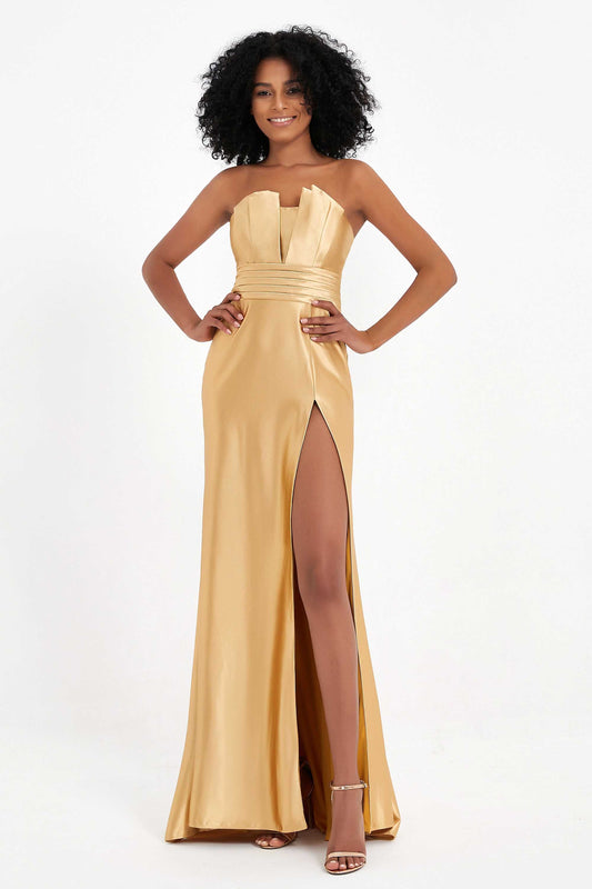 Straight Across Stretch Satin Sheath Formal Evening Dresses with Slit Long Prom Party Dress