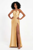 Straight Across Stretch Satin Sheath Formal Evening Dresses with Slit Long Prom Party Dress