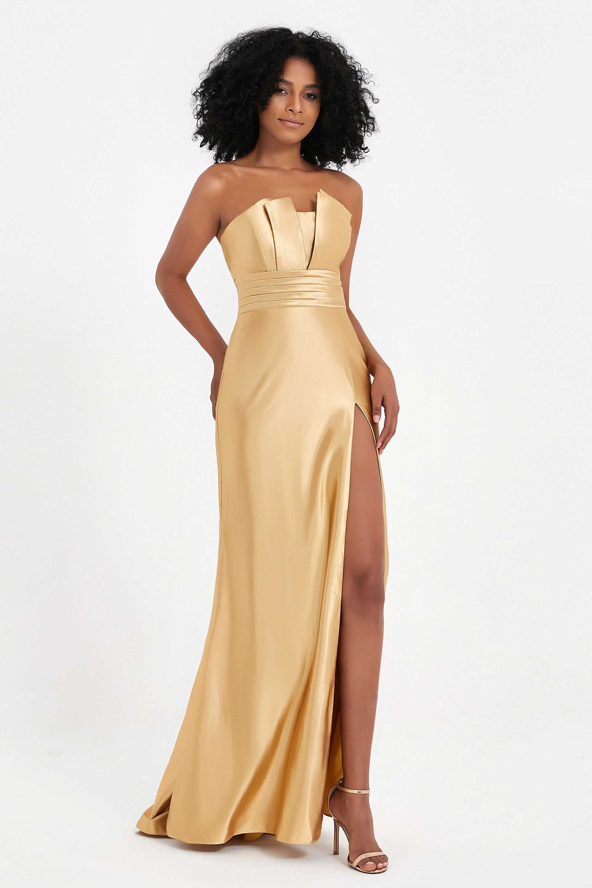 Straight Across Stretch Satin Sheath Formal Evening Dresses with Slit Long Prom Party Dress