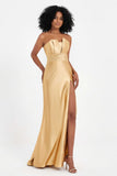 Straight Across Stretch Satin Sheath Formal Evening Dresses with Slit Long Prom Party Dress