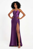 Straight Across Stretch Satin Sheath Formal Evening Dresses with Slit Long Prom Party Dress