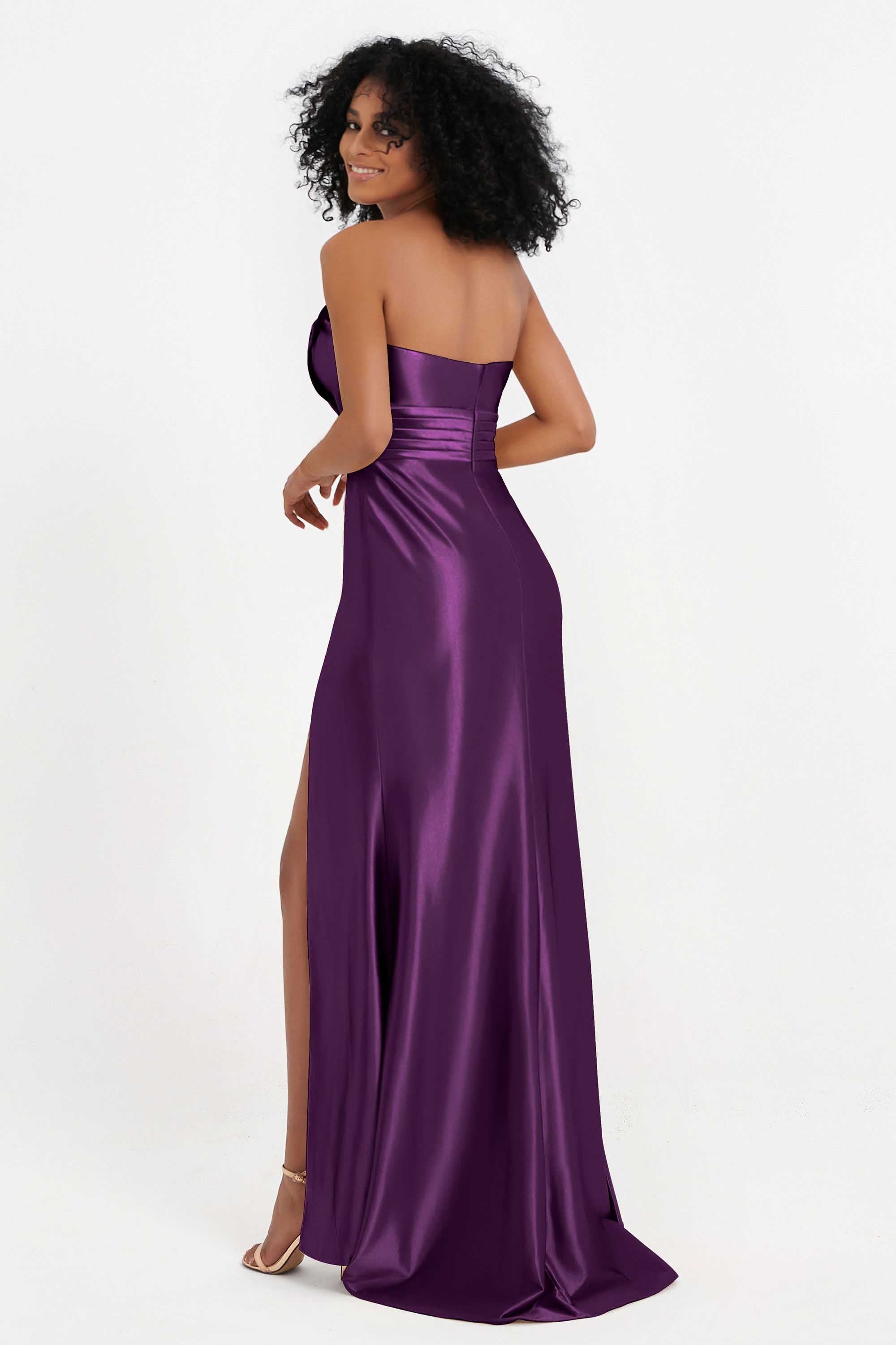 Straight Across Stretch Satin Sheath Formal Evening Dresses with Slit Long Prom Party Dress