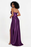Straight Across Stretch Satin Sheath Formal Evening Dresses with Slit Long Prom Party Dress