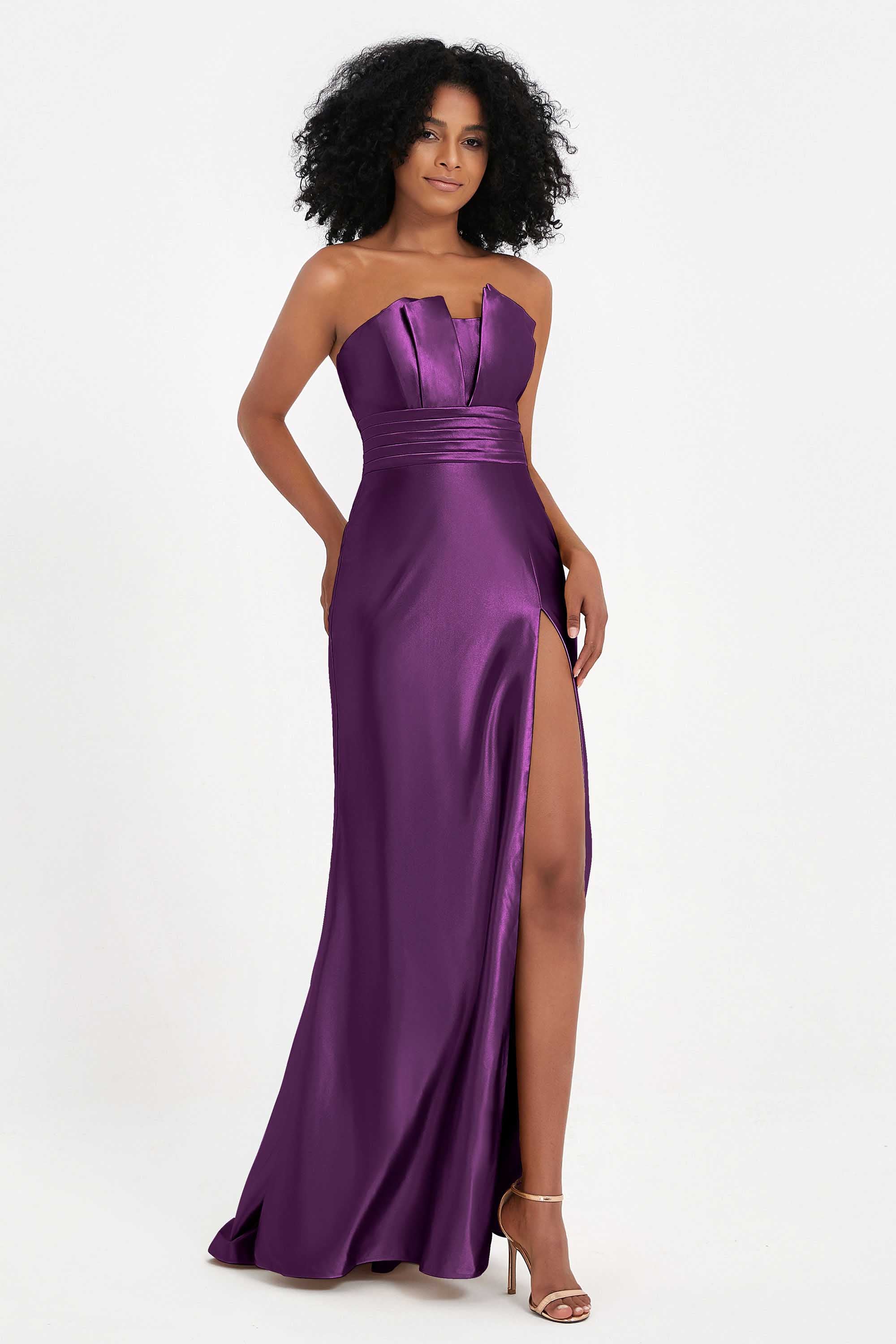 Straight Across Stretch Satin Sheath Formal Evening Dresses with Slit Long Prom Party Dress