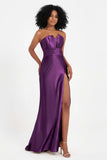 Straight Across Stretch Satin Sheath Formal Evening Dresses with Slit Long Prom Party Dress