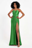 Straight Across Stretch Satin Sheath Formal Evening Dresses with Slit Long Prom Party Dress
