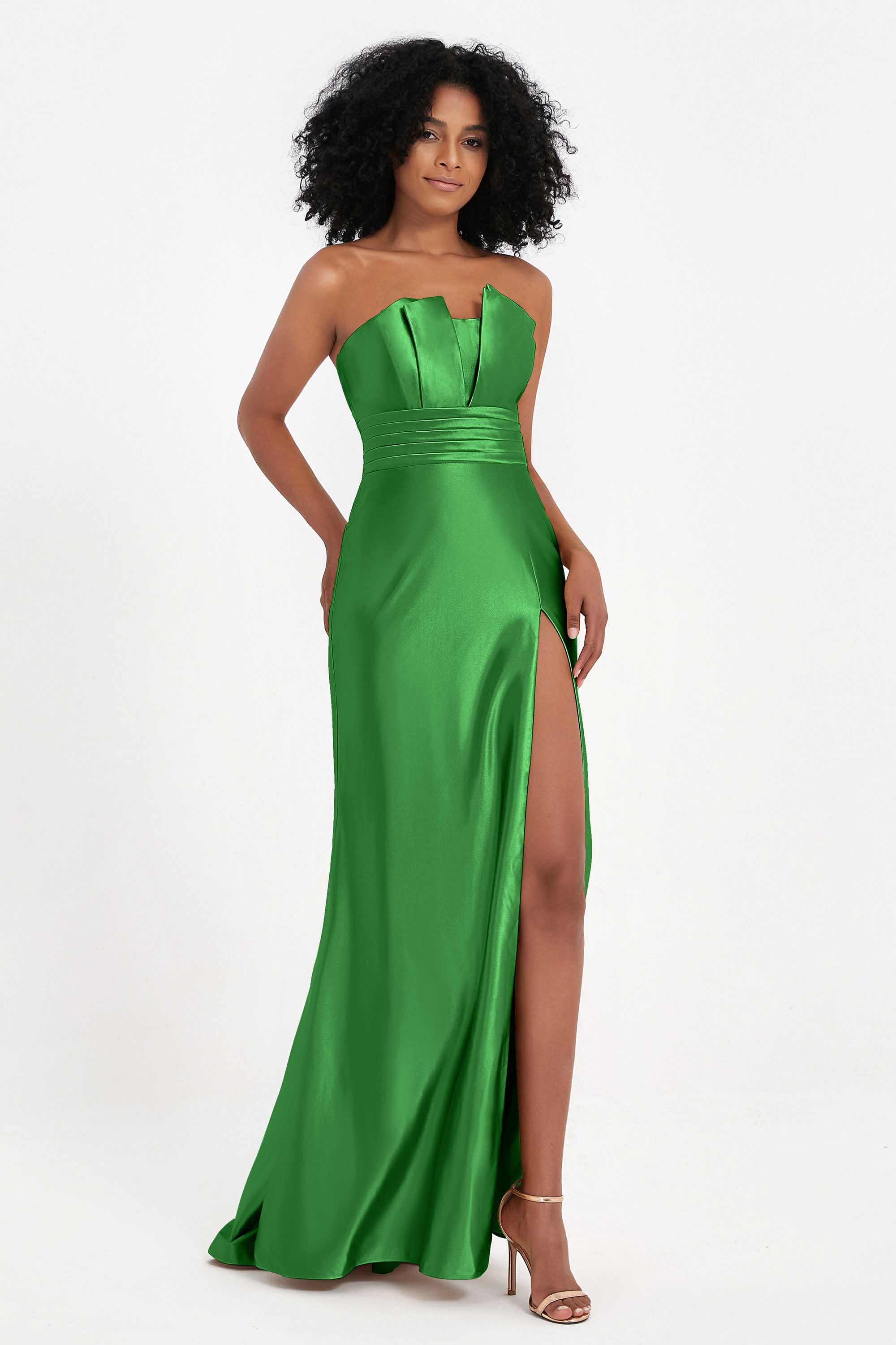 Straight Across Stretch Satin Sheath Formal Evening Dresses with Slit Long Prom Party Dress