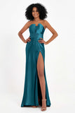 Straight Across Stretch Satin Sheath Formal Evening Dresses with Slit Long Prom Party Dress