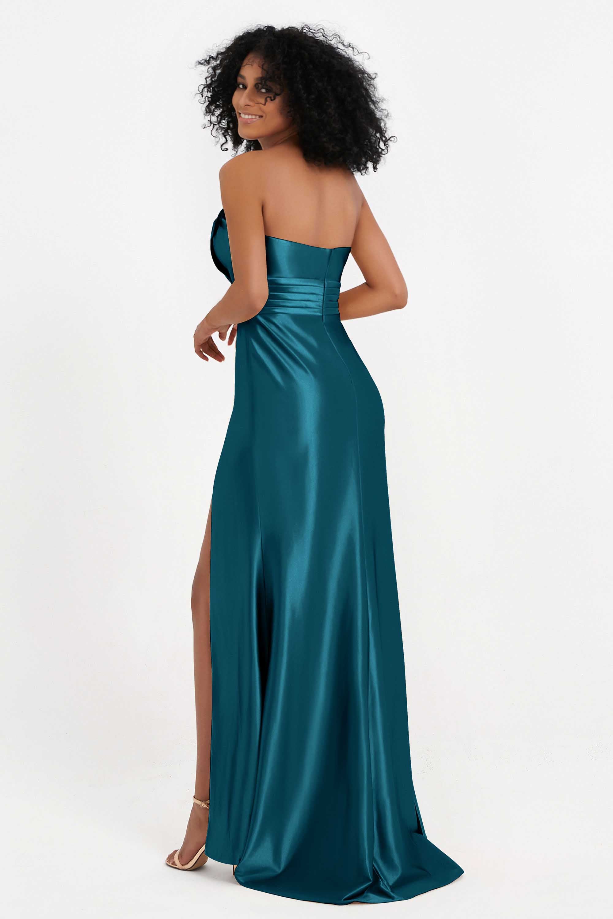 Straight Across Stretch Satin Sheath Formal Evening Dresses with Slit Long Prom Party Dress