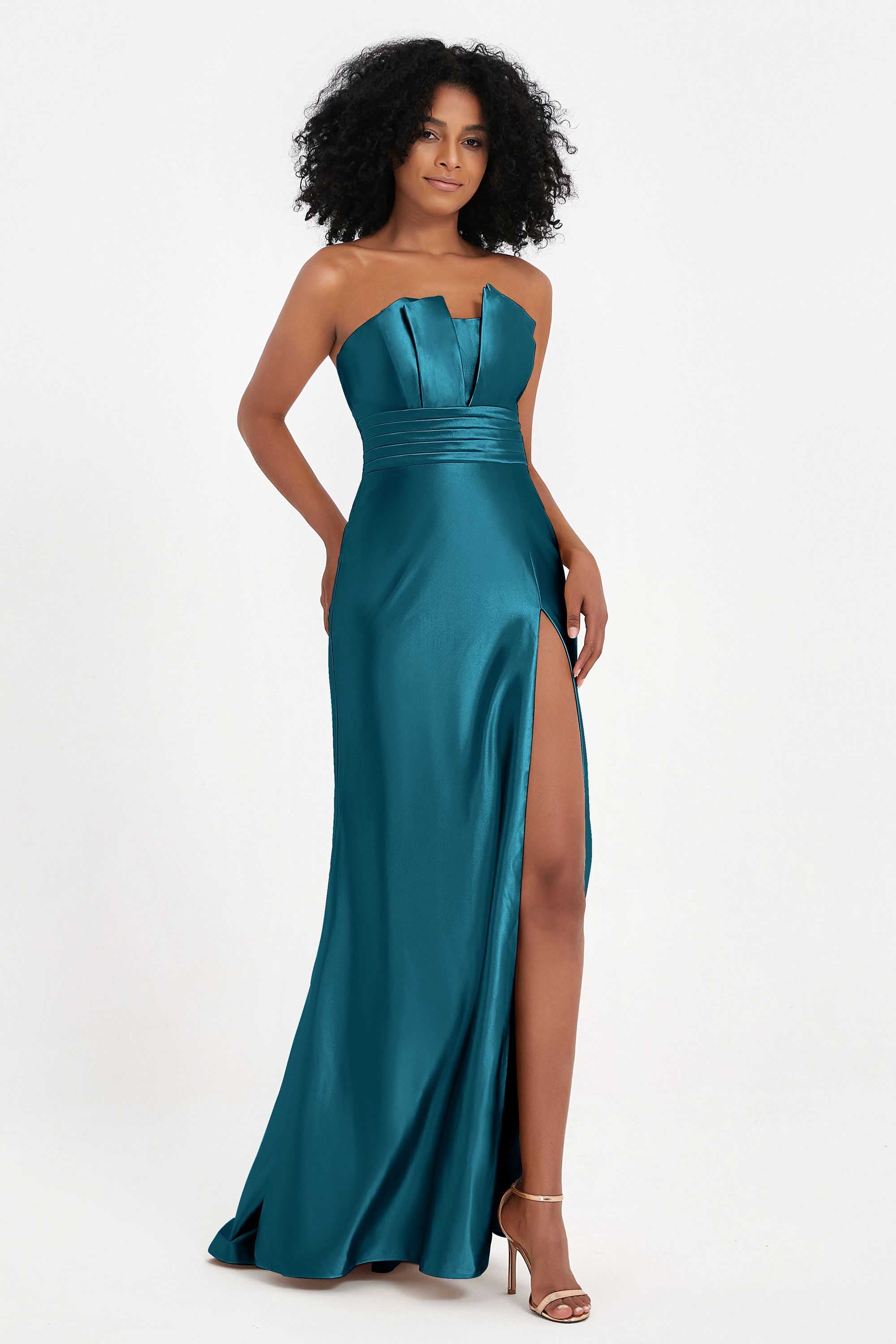 Straight Across Stretch Satin Sheath Formal Evening Dresses with Slit Long Prom Party Dress