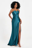 Straight Across Stretch Satin Sheath Formal Evening Dresses with Slit Long Prom Party Dress