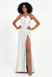Straight Across Stretch Satin Sheath Formal Evening Dresses with Slit Long Prom Party Dress