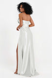 Straight Across Stretch Satin Sheath Formal Evening Dresses with Slit Long Prom Party Dress