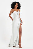Straight Across Stretch Satin Sheath Formal Evening Dresses with Slit Long Prom Party Dress