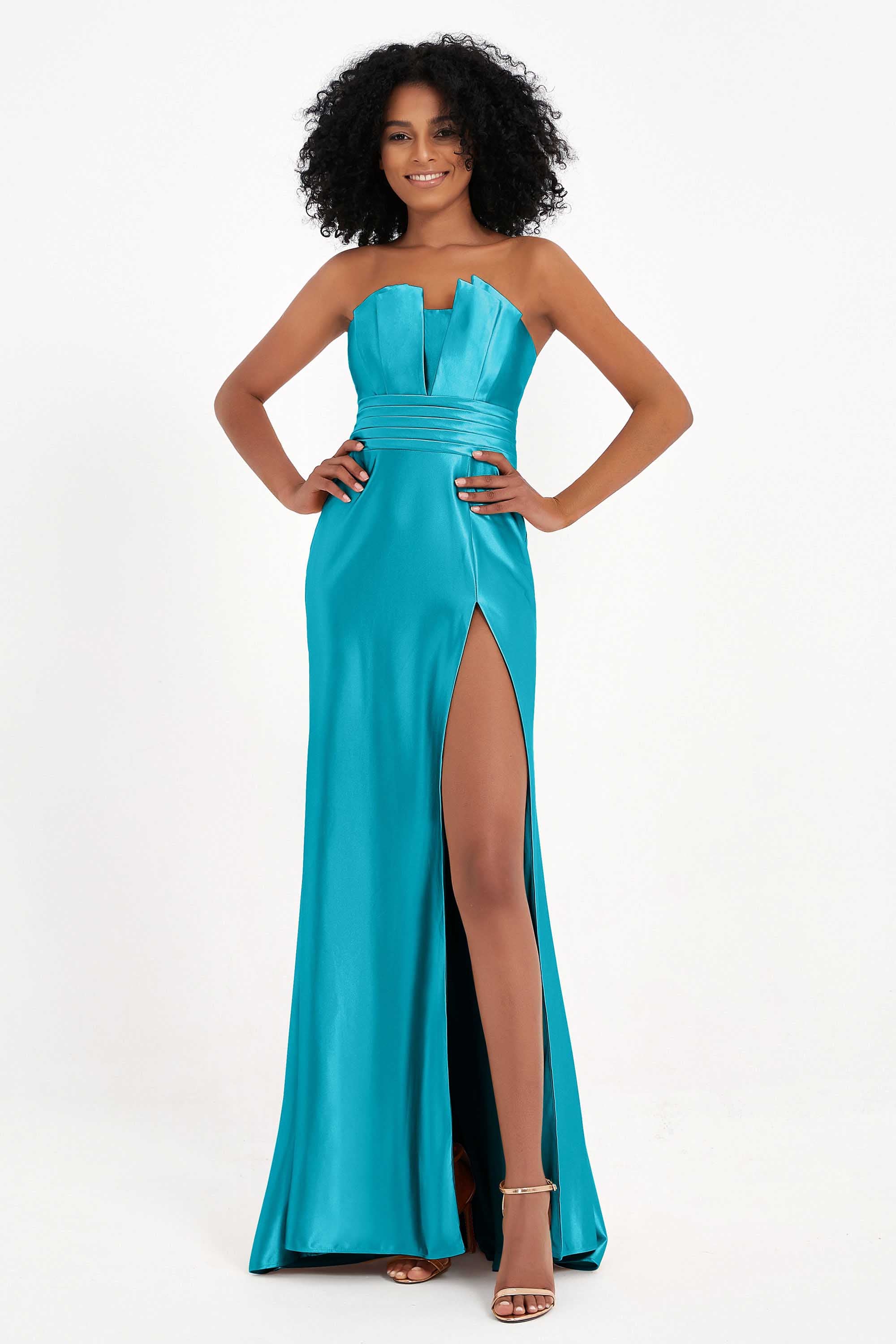 Straight Across Stretch Satin Sheath Formal Evening Dresses with Slit Long Prom Party Dress