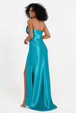 Straight Across Stretch Satin Sheath Formal Evening Dresses with Slit Long Prom Party Dress