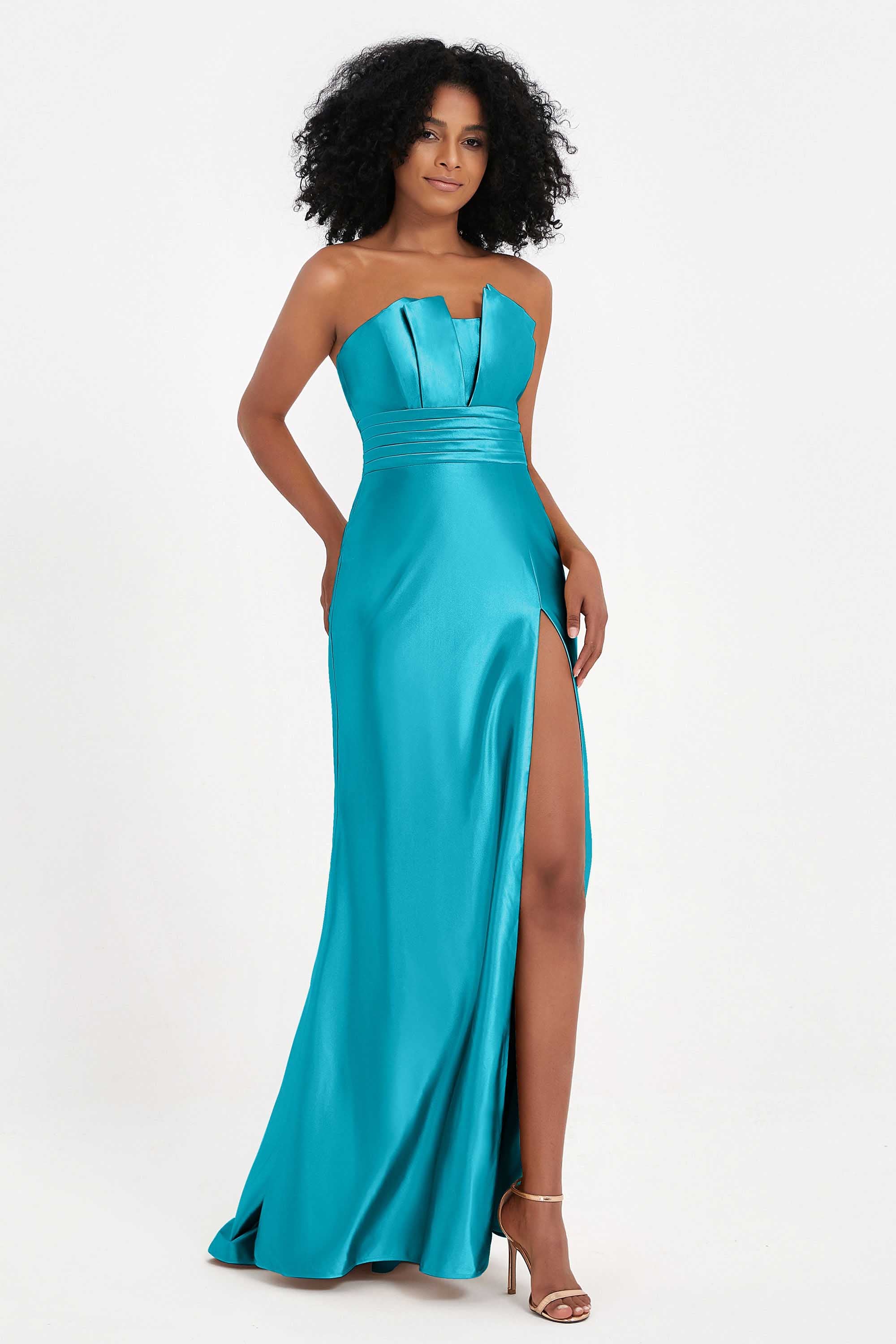 Straight Across Stretch Satin Sheath Formal Evening Dresses with Slit Long Prom Party Dress