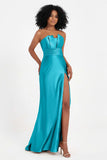Straight Across Stretch Satin Sheath Formal Evening Dresses with Slit Long Prom Party Dress