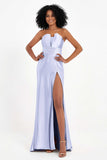 Straight Across Stretch Satin Sheath Formal Evening Dresses with Slit Long Prom Party Dress