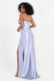 Straight Across Stretch Satin Sheath Formal Evening Dresses with Slit Long Prom Party Dress