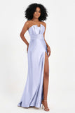 Straight Across Stretch Satin Sheath Formal Evening Dresses with Slit Long Prom Party Dress