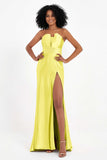 Straight Across Stretch Satin Sheath Formal Evening Dresses with Slit Long Prom Party Dress