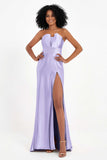 Straight Across Stretch Satin Sheath Formal Evening Dresses with Slit Long Prom Party Dress