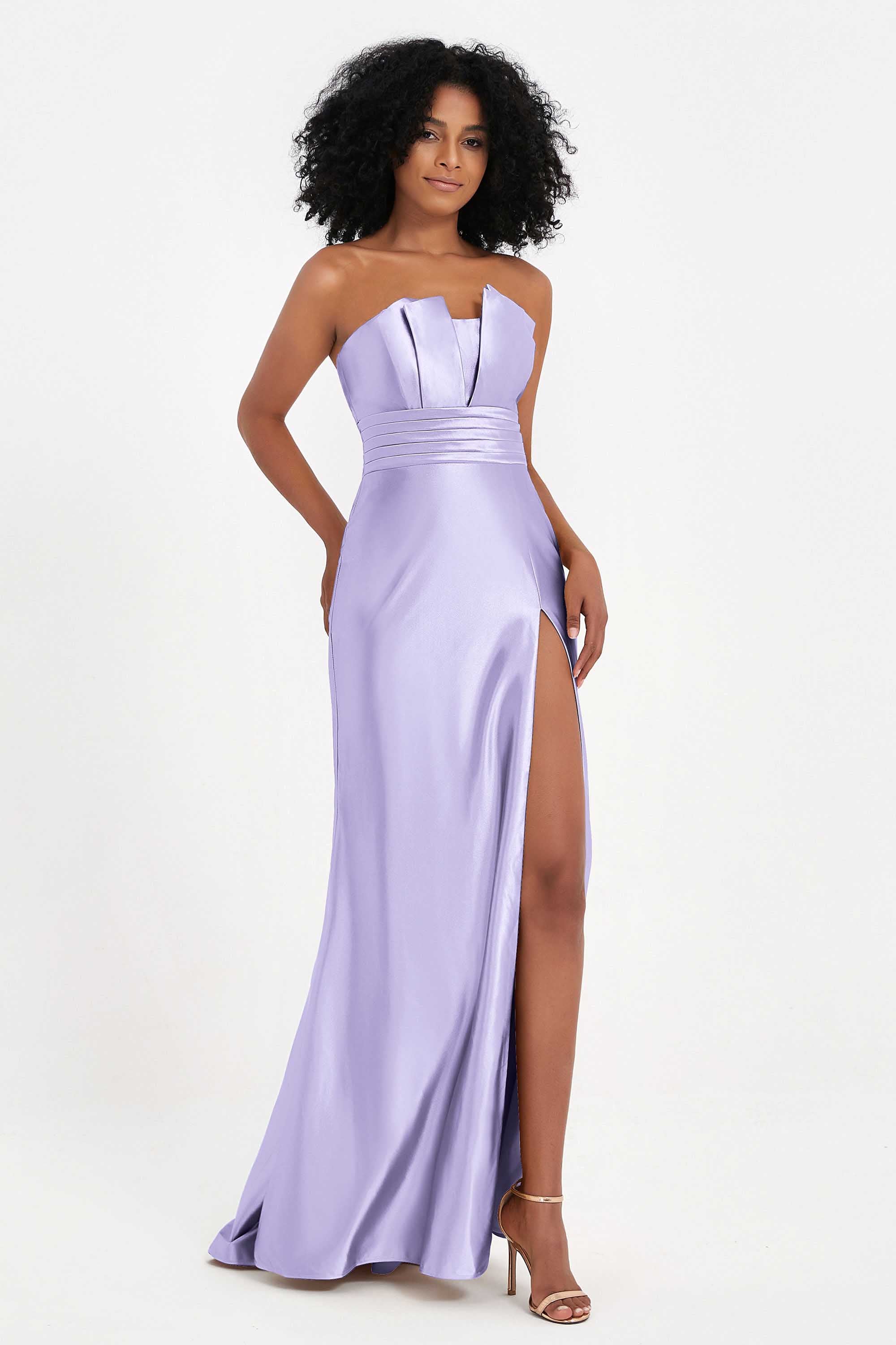 Straight Across Stretch Satin Sheath Formal Evening Dresses with Slit Long Prom Party Dress