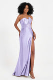 Straight Across Stretch Satin Sheath Formal Evening Dresses with Slit Long Prom Party Dress