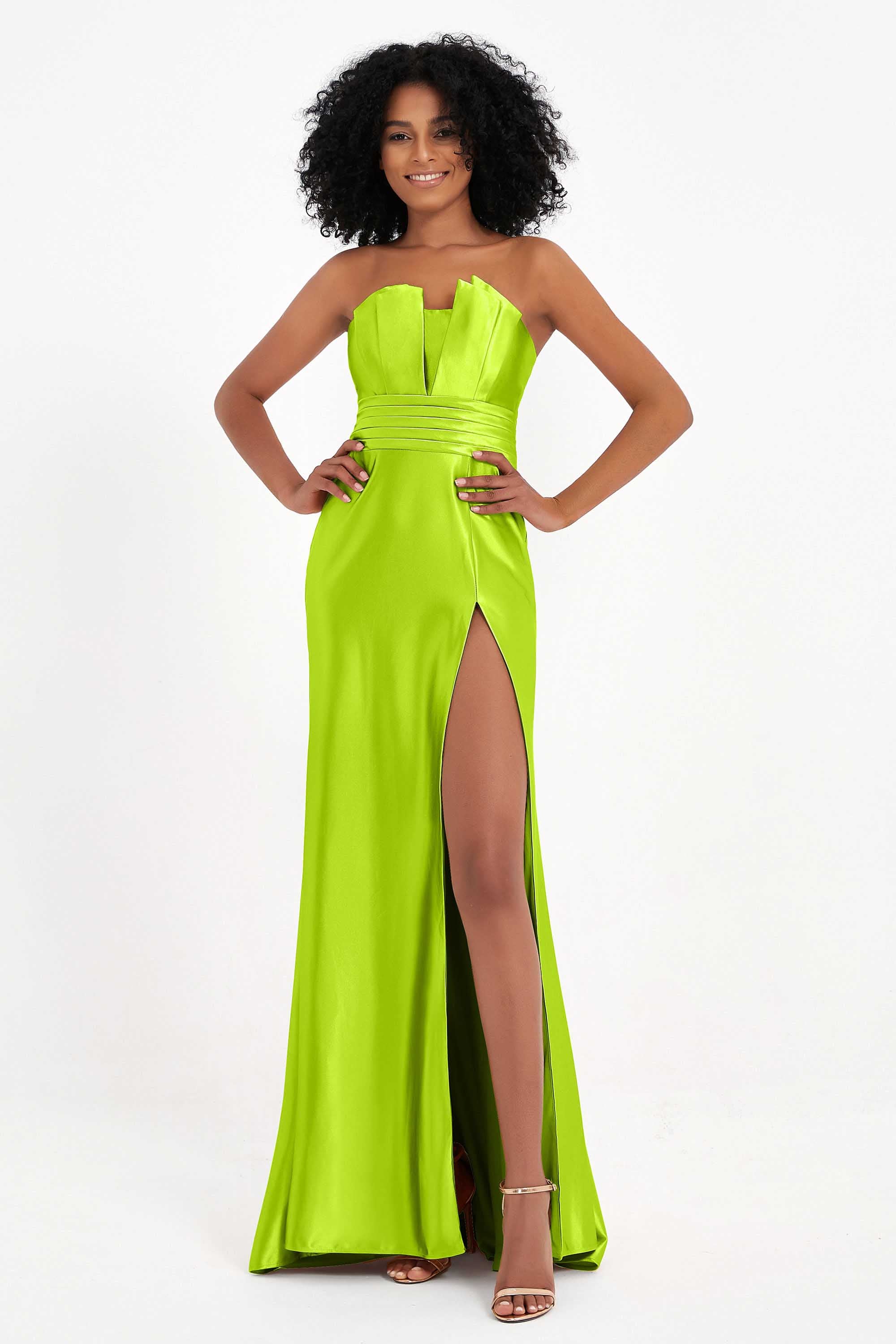 Straight Across Stretch Satin Sheath Formal Evening Dresses with Slit Long Prom Party Dress