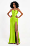 Straight Across Stretch Satin Sheath Formal Evening Dresses with Slit Long Prom Party Dress