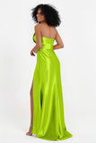 Straight Across Stretch Satin Sheath Formal Evening Dresses with Slit Long Prom Party Dress