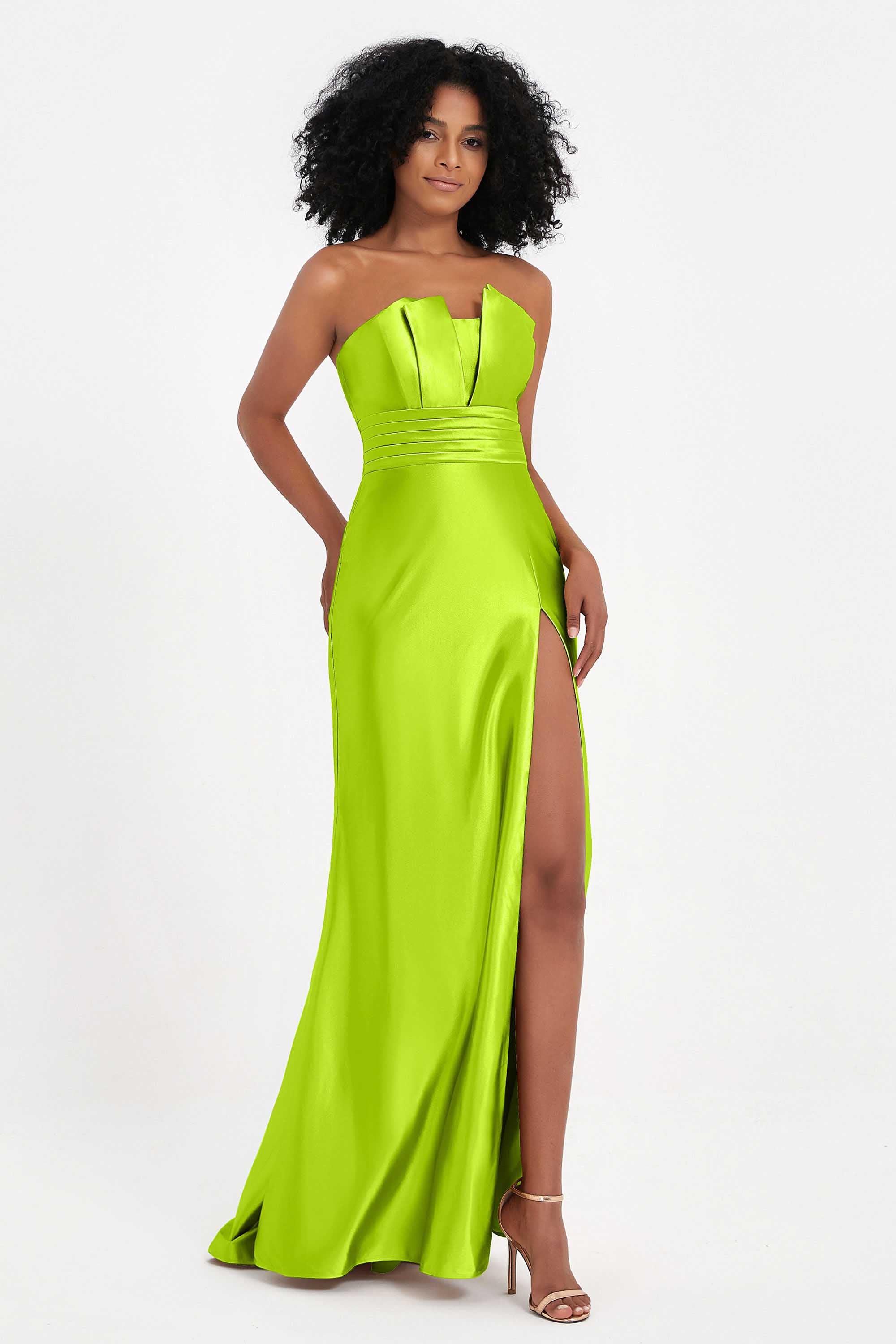 Straight Across Stretch Satin Sheath Formal Evening Dresses with Slit Long Prom Party Dress