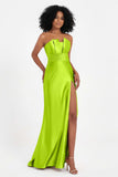 Straight Across Stretch Satin Sheath Formal Evening Dresses with Slit Long Prom Party Dress
