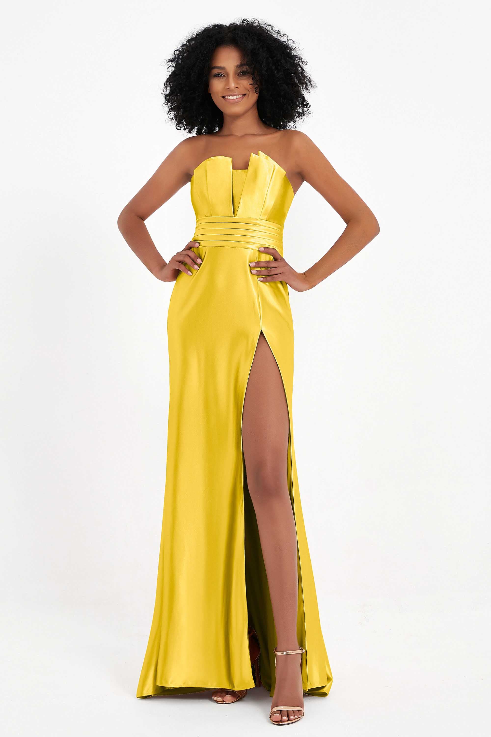 Straight Across Stretch Satin Sheath Formal Evening Dresses with Slit Long Prom Party Dress