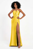 Straight Across Stretch Satin Sheath Formal Evening Dresses with Slit Long Prom Party Dress
